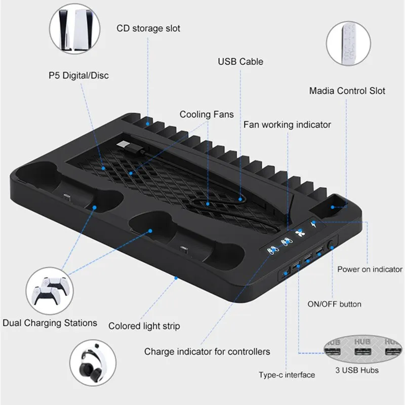 Dual Controllers PS5 Cooling Station with RGB Light