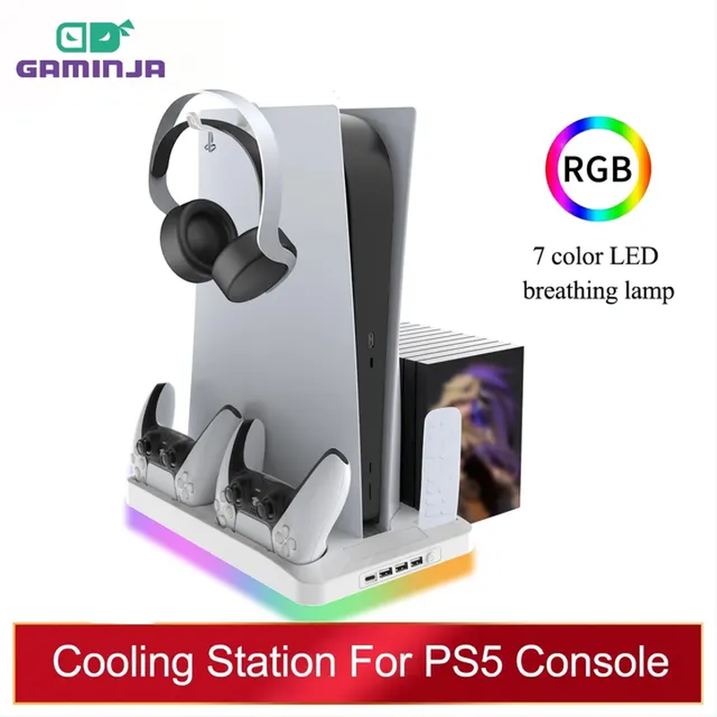 Dual Controllers PS5 Cooling Station with RGB Light