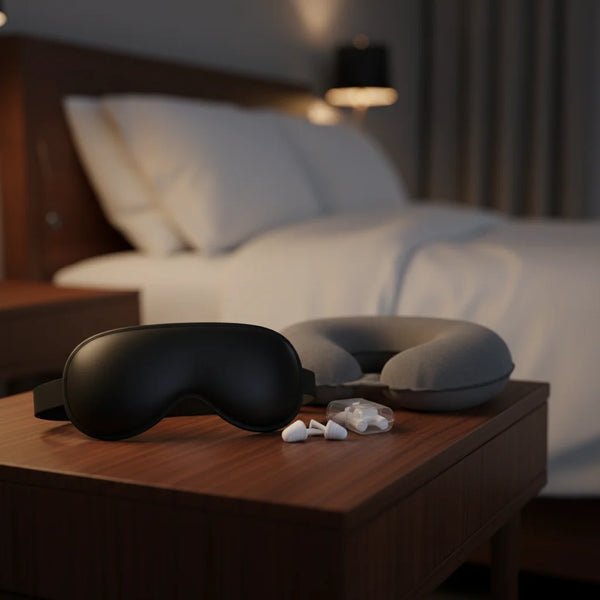 Masque de sommeil 3D posé sur la table de nuit à coté d'un support de nuque